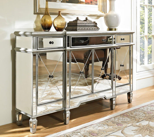 Benton Collection 60" Silver Wood Frame Mirrored Panels Andrea Storage Sideboard Buffet Cabinet for Living Room