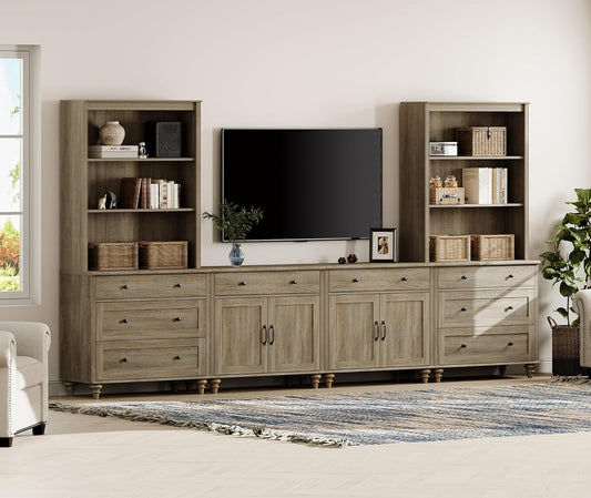 WAMPAT Entertainment Center with Bookshelves for TVs up to 75", Farmhouse Wall Unit TV Stand with Doors & Drawer, Media Console Table for Living Room, Bedroom & Home Theater, Wash Grey