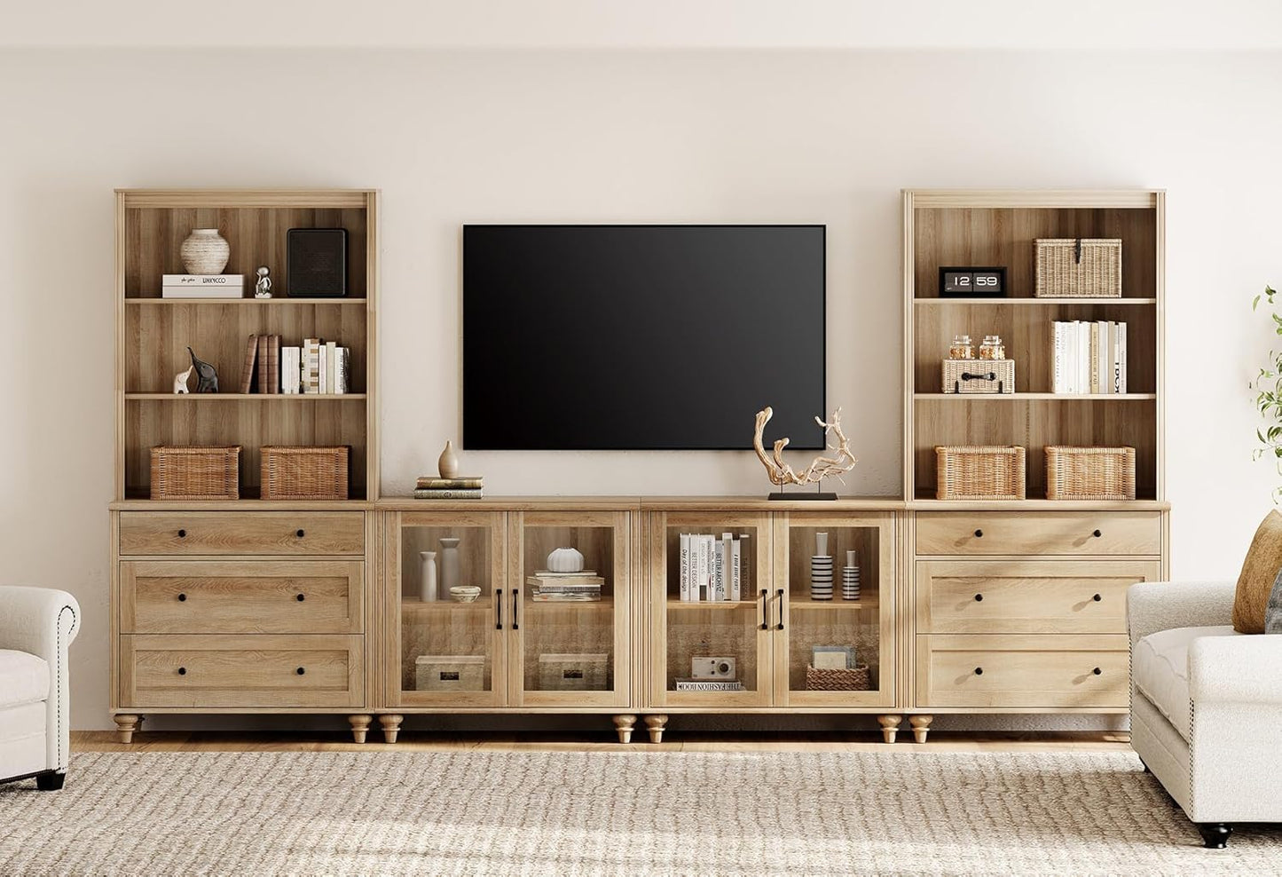 WAMPAT Entertainment Center with Bookshelves for TVs up to 75", Farmhouse Wall Unit TV Stand with Doors & Drawer, Media Console Table for Living Room, Bedroom & Home Theater, Wash Grey