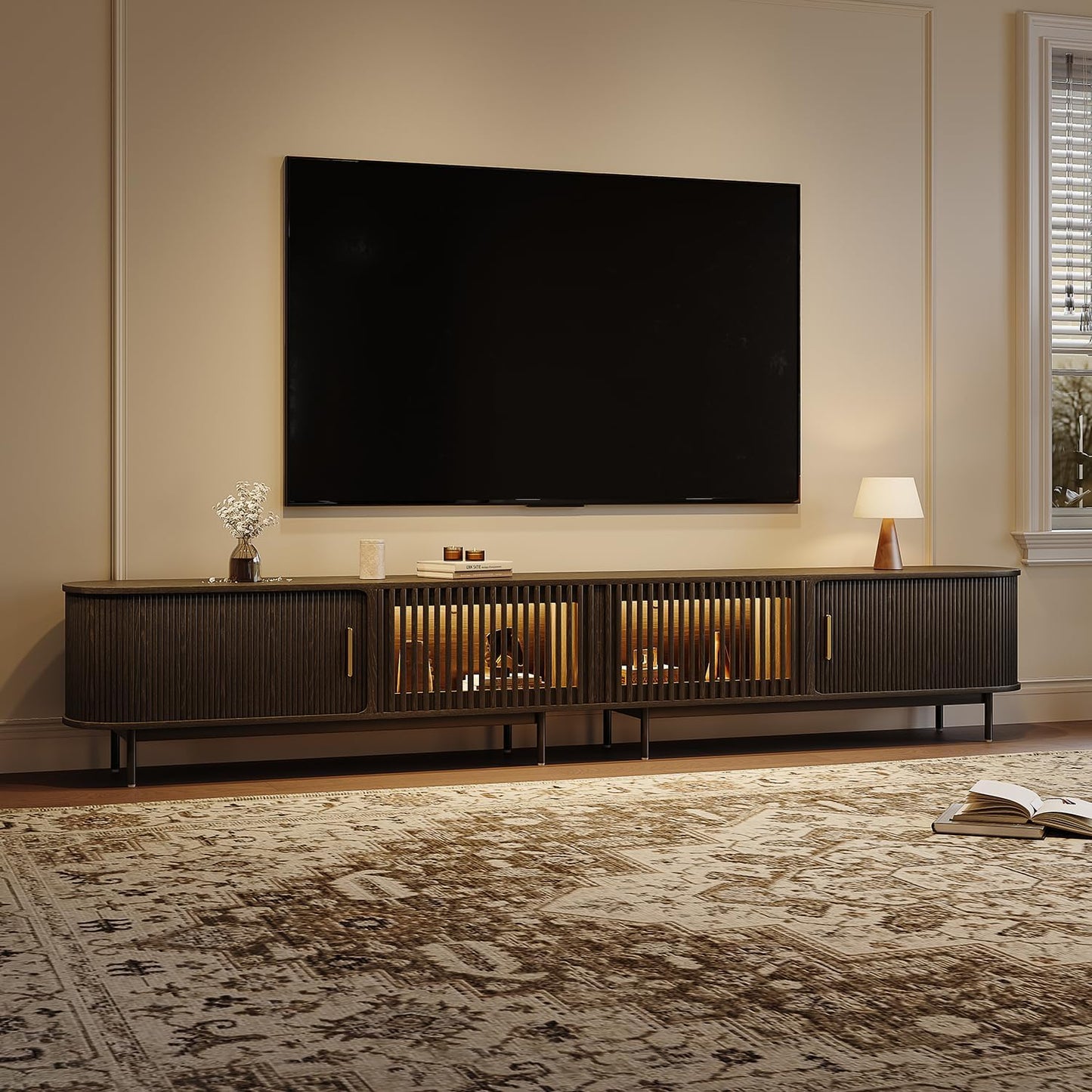 POVISON Fully-Assembled Mid Century Modern TV Stand for 65 inch TV, Sliding Door Entertainment Center with Storage, Wood TV Console, Media Console for Living Room Bedroom(Black, 70.87")