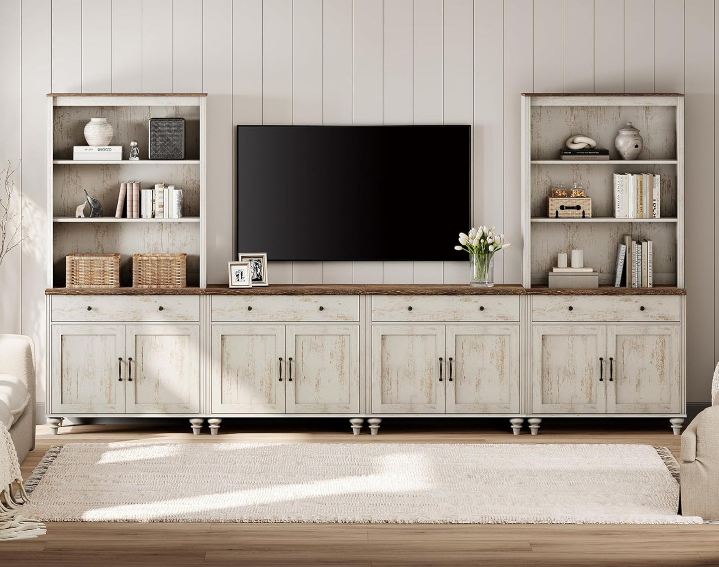 WAMPAT Entertainment Center with Bookshelves for TVs up to 75", Farmhouse Wall Unit TV Stand with Doors & Drawer, Media Console Table for Living Room, Bedroom & Home Theater, Wash Grey