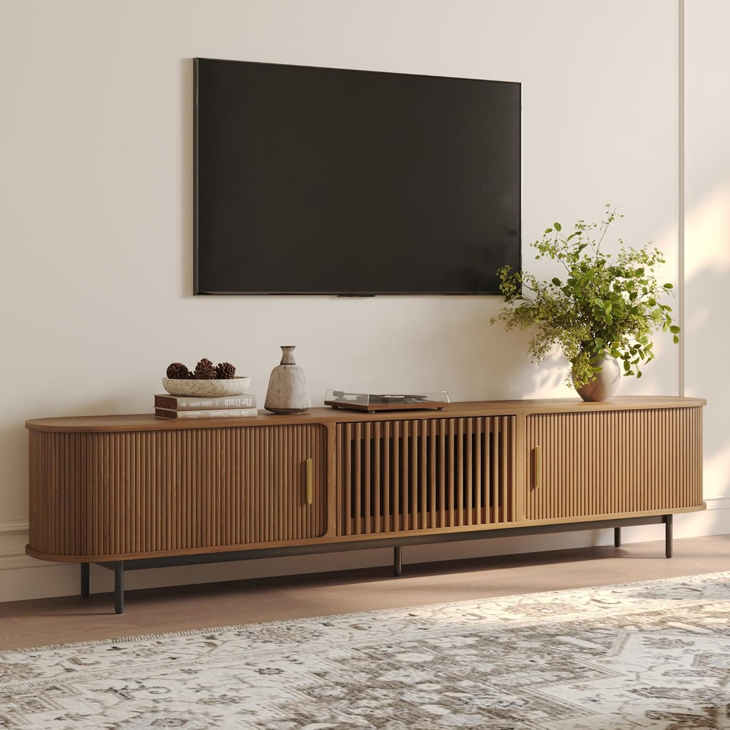 POVISON Fully-Assembled Mid Century Modern TV Stand for 65 inch TV, Sliding Door Entertainment Center with Storage, Wood TV Console, Media Console for Living Room Bedroom(Black, 70.87")
