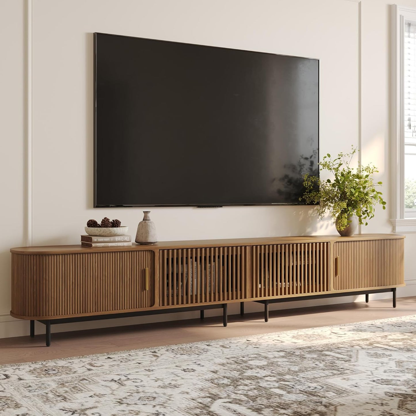 POVISON Fully-Assembled Mid Century Modern TV Stand for 65 inch TV, Sliding Door Entertainment Center with Storage, Wood TV Console, Media Console for Living Room Bedroom(Black, 70.87")