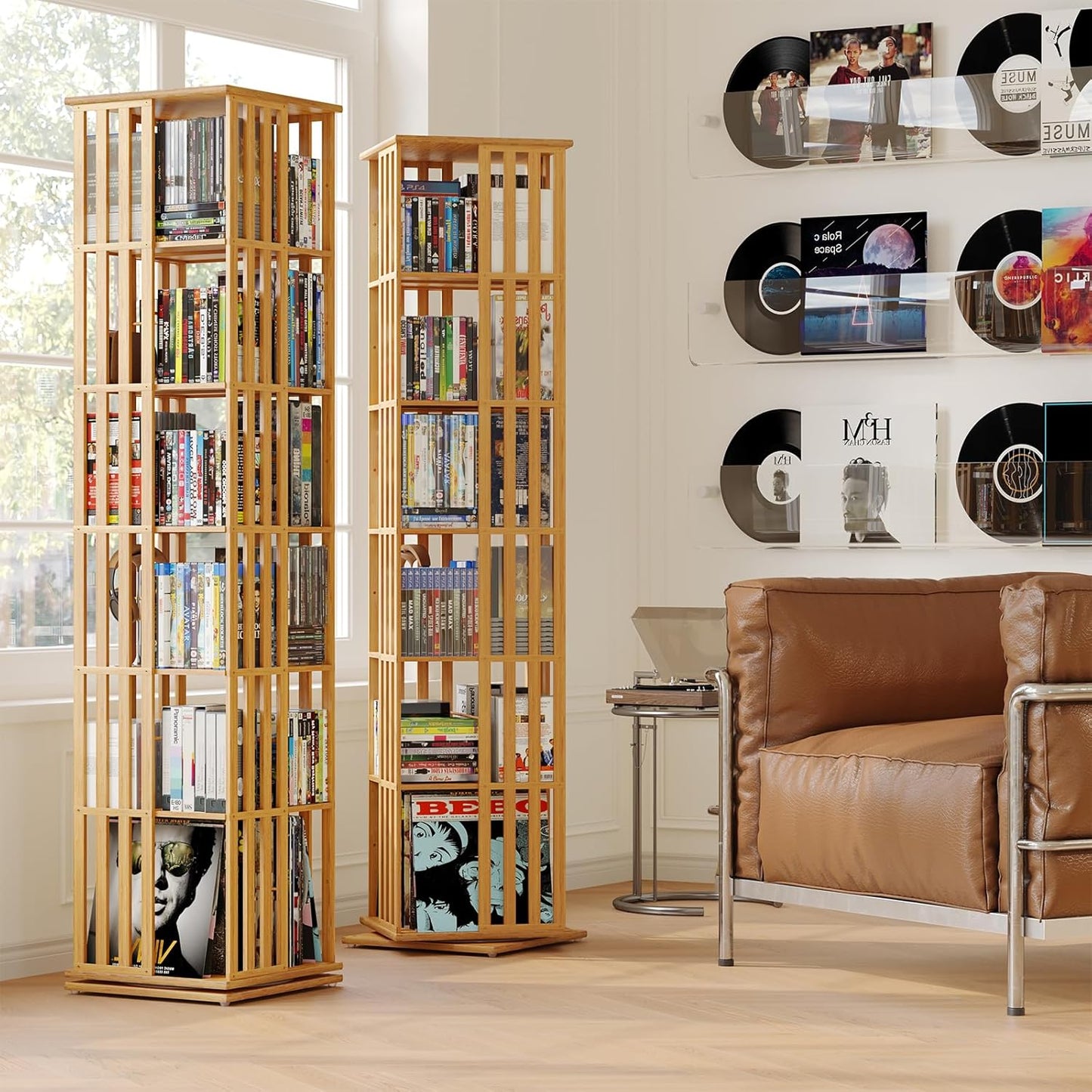 XIMN 360° Rotating Bamboo CD/DVD Shelf - 6-Tier Space-Saving Media Storage Cabinet for Movies, Organizer with Super Compact Design