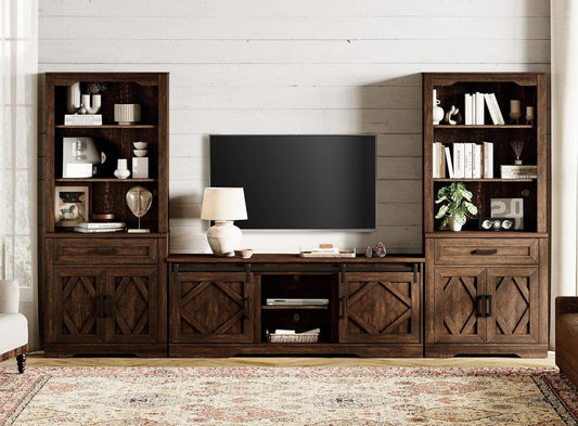 WAMPAT Farmhouse Entertainment Center with Bookshelf for TVs up to 75",Mid Century Modern TV Stand with 73"H Tall 5-Tier Bookcase with Open Storage and Barn Doors for Living Room,Bedroom,Rustic Brown