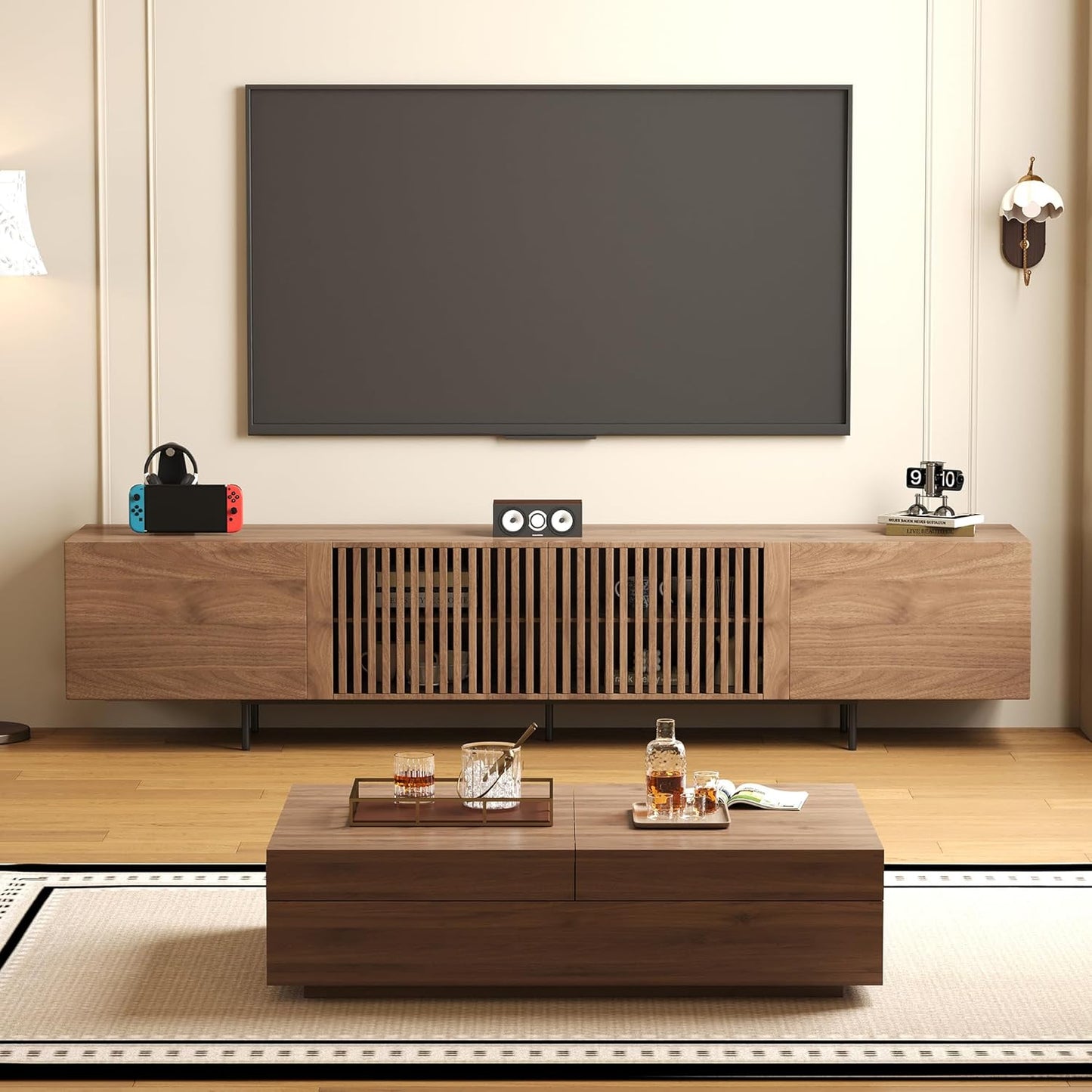 Mid-Century Modern TV Stand & Expandable Coffee Table Set, Walnut Finish, Stylish Storage Combo for Living Room or Bedroom (70.87" TV Stand+Coffee Table)