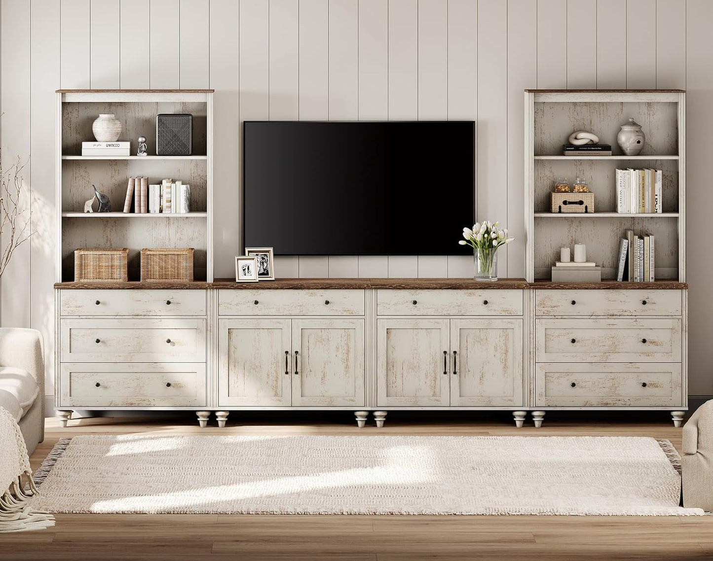 WAMPAT Entertainment Center with Bookshelves for TVs up to 75", Farmhouse Wall Unit TV Stand with Doors & Drawer, Media Console Table for Living Room, Bedroom & Home Theater, Wash Grey