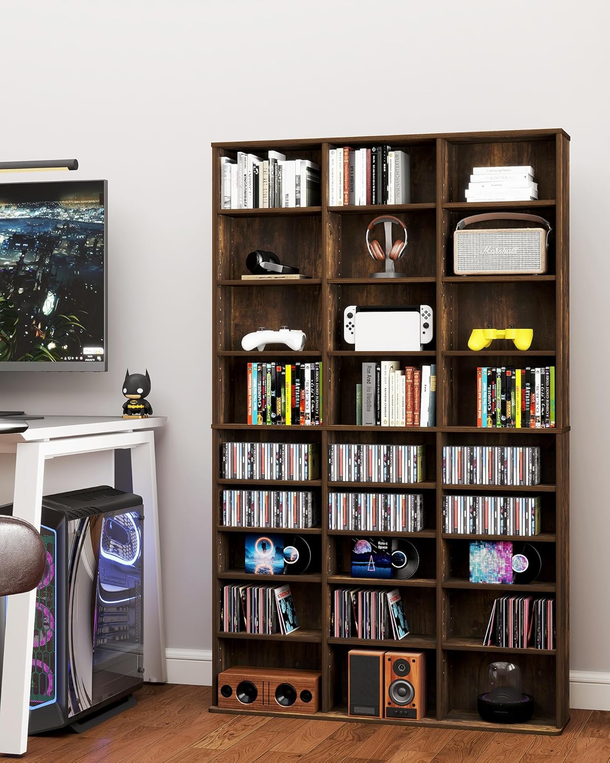 DVD Storage Tower with Adjustable Shelves, 8-Tier DVD Rack Tower for CDs, DVDs, Blu-Rays, Video Games, Rustic Brown Multimedia Storage Cabinet, Media Shelf Organizer for Living Room