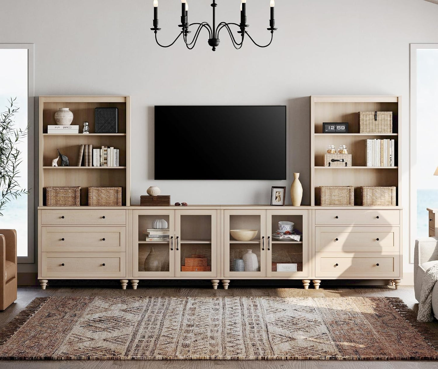 WAMPAT Entertainment Center with Bookshelves for TVs up to 75", Farmhouse Wall Unit TV Stand with Doors & Drawer, Media Console Table for Living Room, Bedroom & Home Theater, Wash Grey