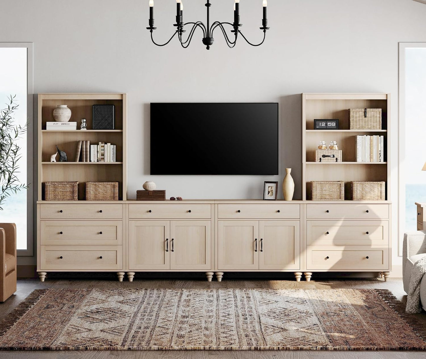 WAMPAT Entertainment Center with Bookshelves for TVs up to 75", Farmhouse Wall Unit TV Stand with Doors & Drawer, Media Console Table for Living Room, Bedroom & Home Theater, Wash Grey