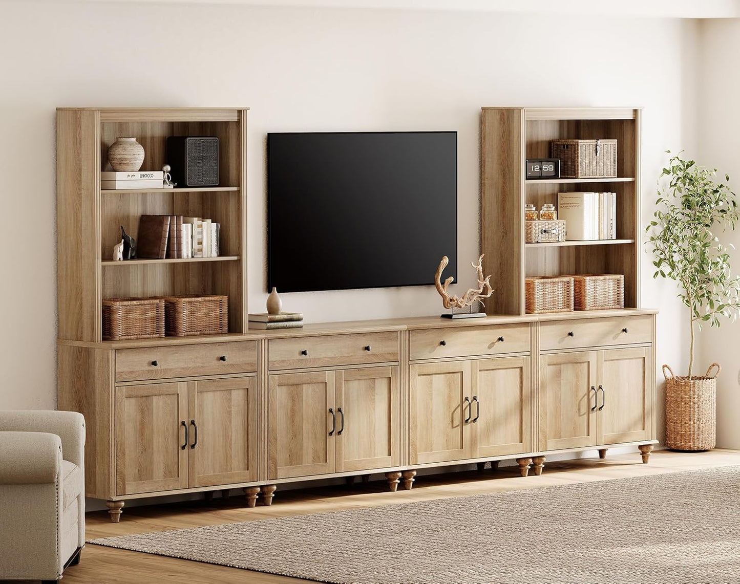WAMPAT Entertainment Center with Bookshelves for TVs up to 75", Farmhouse Wall Unit TV Stand with Doors & Drawer, Media Console Table for Living Room, Bedroom & Home Theater, Wash Grey