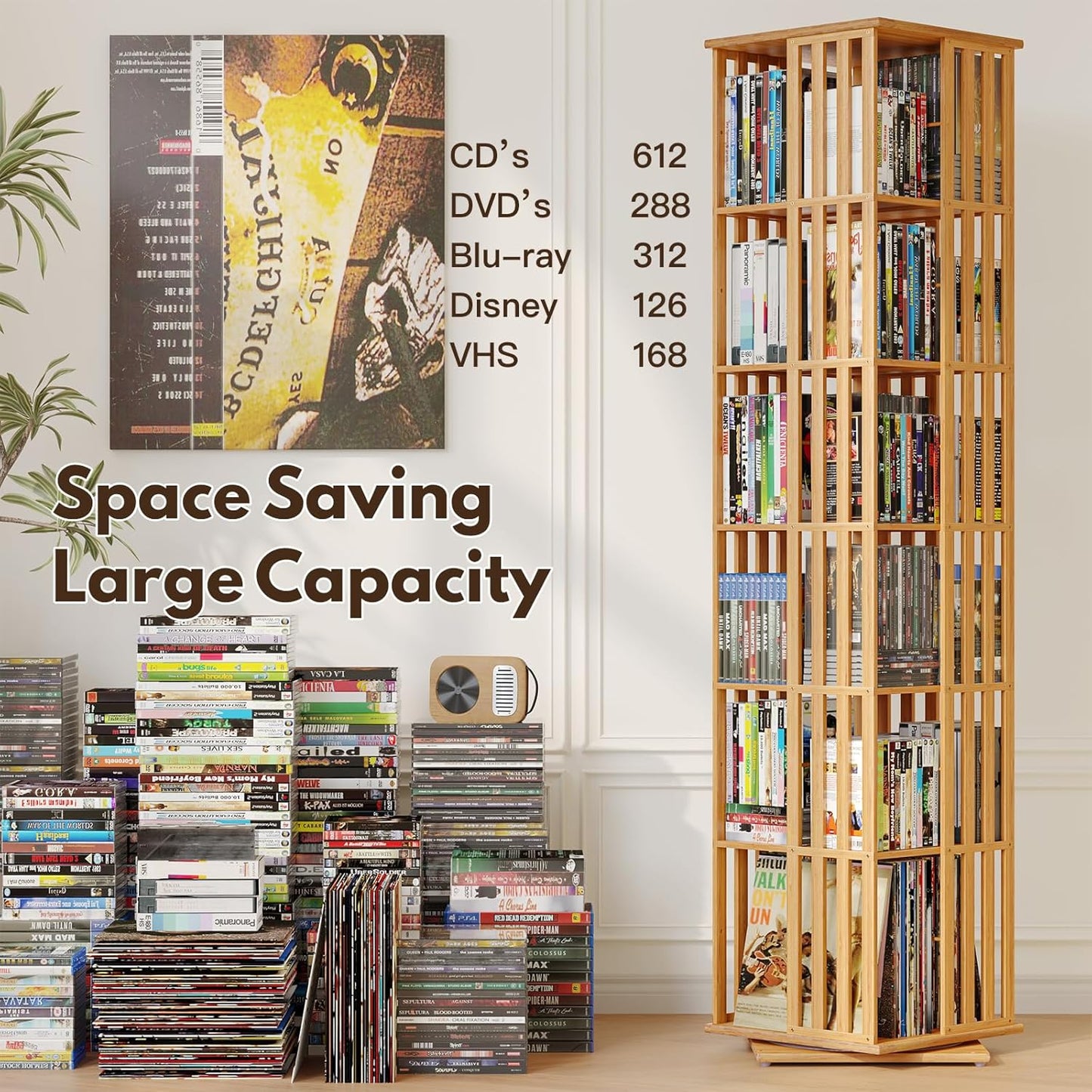 XIMN 360° Rotating Bamboo CD/DVD Shelf - 6-Tier Space-Saving Media Storage Cabinet for Movies, Organizer with Super Compact Design