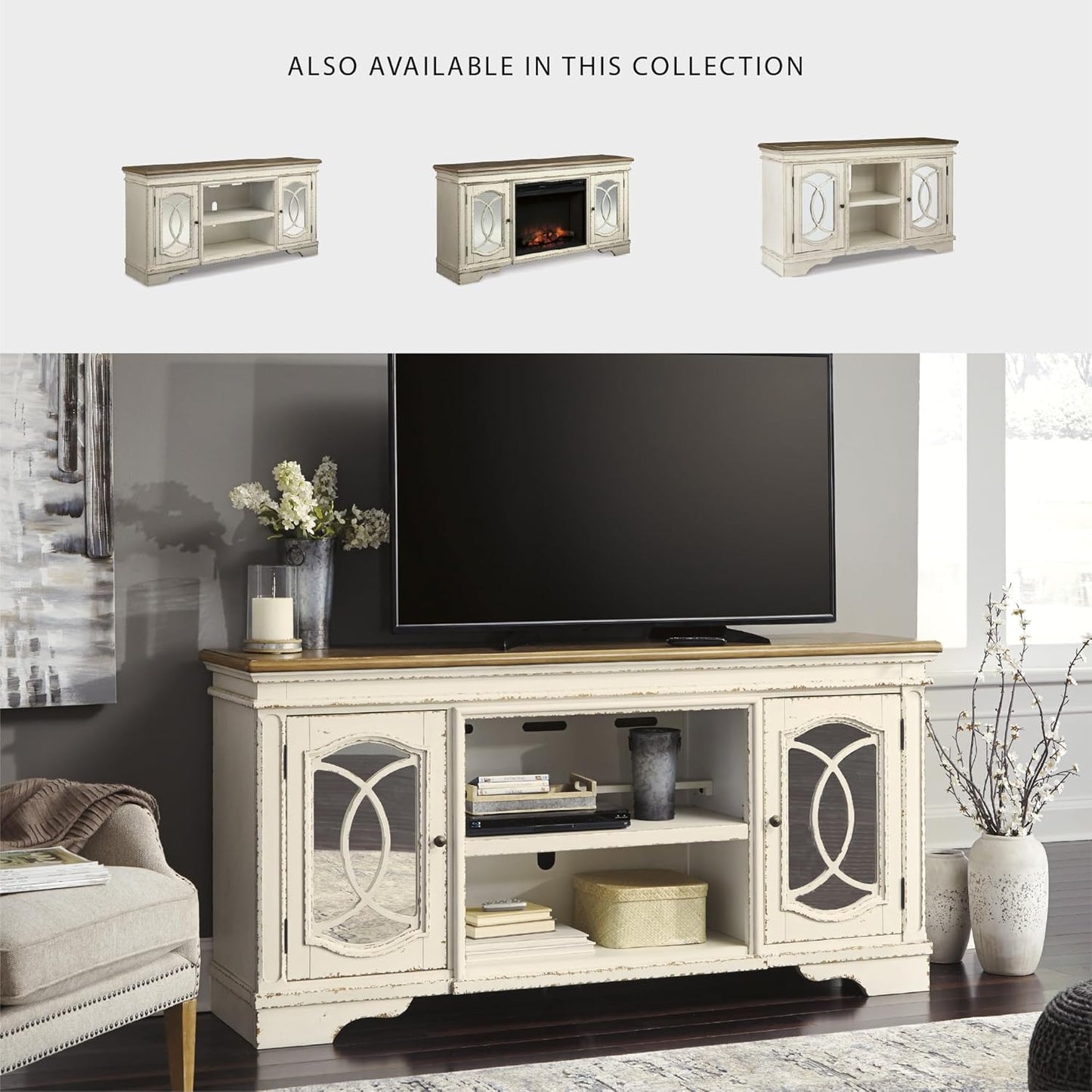 Signature Design by Ashley Realyn Farmhouse TV Stand with Fireplace Option Fits TVs up to 72", 2 Cabinet Doors and Adjustable Storage Shelf, White & Rustic Brown