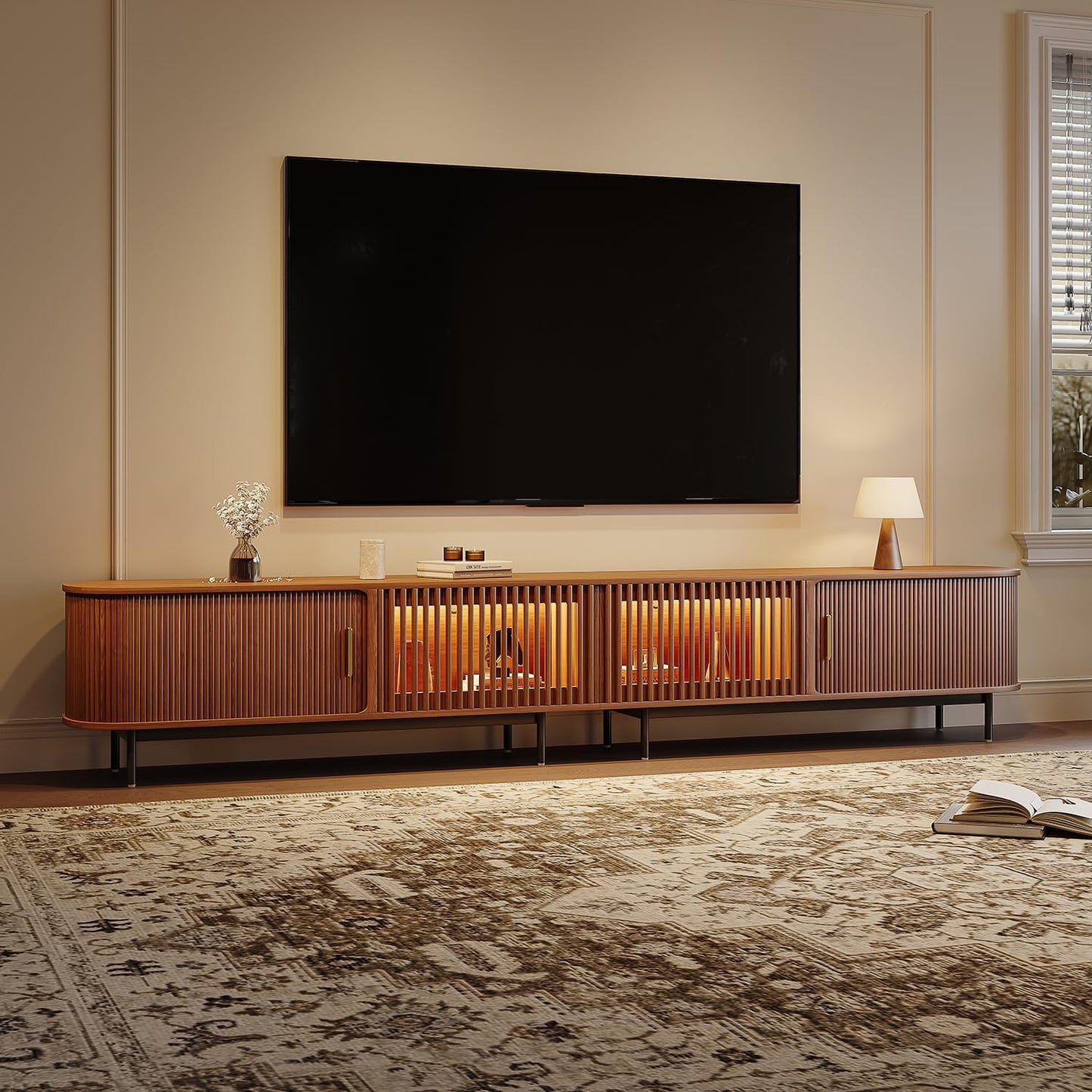 POVISON Fully-Assembled Mid Century Modern TV Stand for 65 inch TV, Sliding Door Entertainment Center with Storage, Wood TV Console, Media Console for Living Room Bedroom(Black, 70.87")
