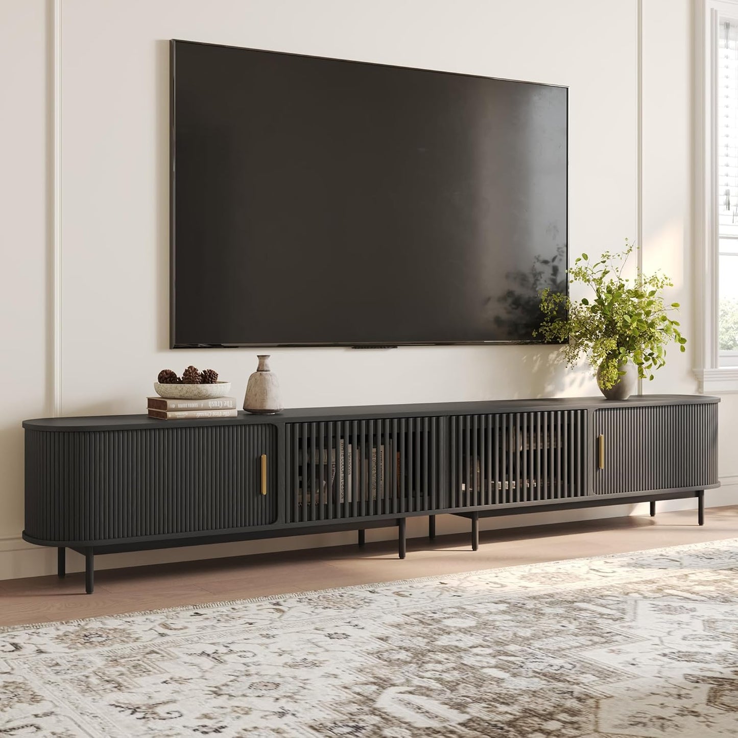 POVISON Fully-Assembled Mid Century Modern TV Stand for 65 inch TV, Sliding Door Entertainment Center with Storage, Wood TV Console, Media Console for Living Room Bedroom(Black, 70.87")