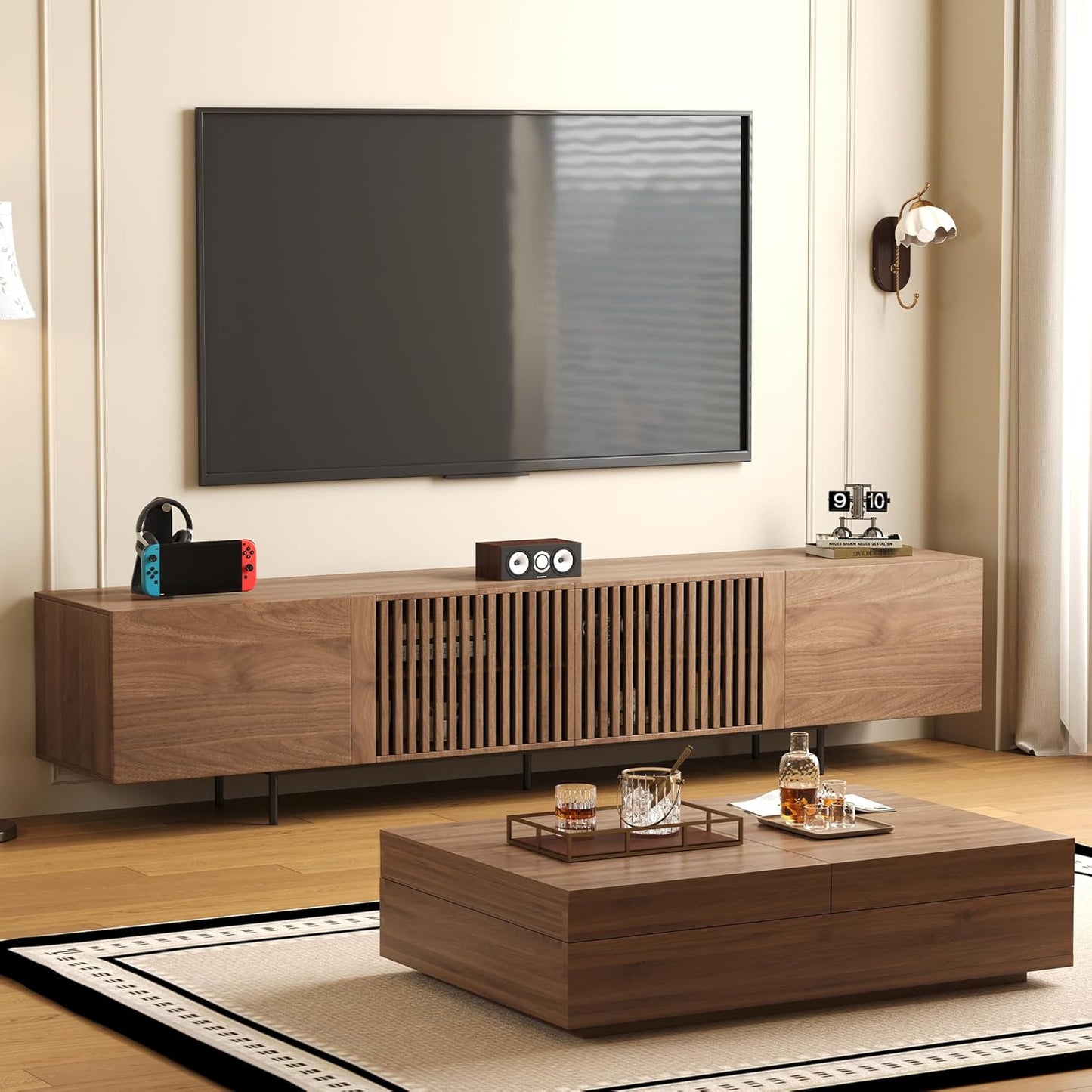 Mid-Century Modern TV Stand & Expandable Coffee Table Set, Walnut Finish, Stylish Storage Combo for Living Room or Bedroom (70.87" TV Stand+Coffee Table)