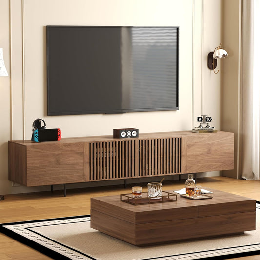 Mid-Century Modern TV Stand & Expandable Coffee Table Set, Walnut Finish, Stylish Storage Combo for Living Room or Bedroom (70.87" TV Stand+Coffee Table)