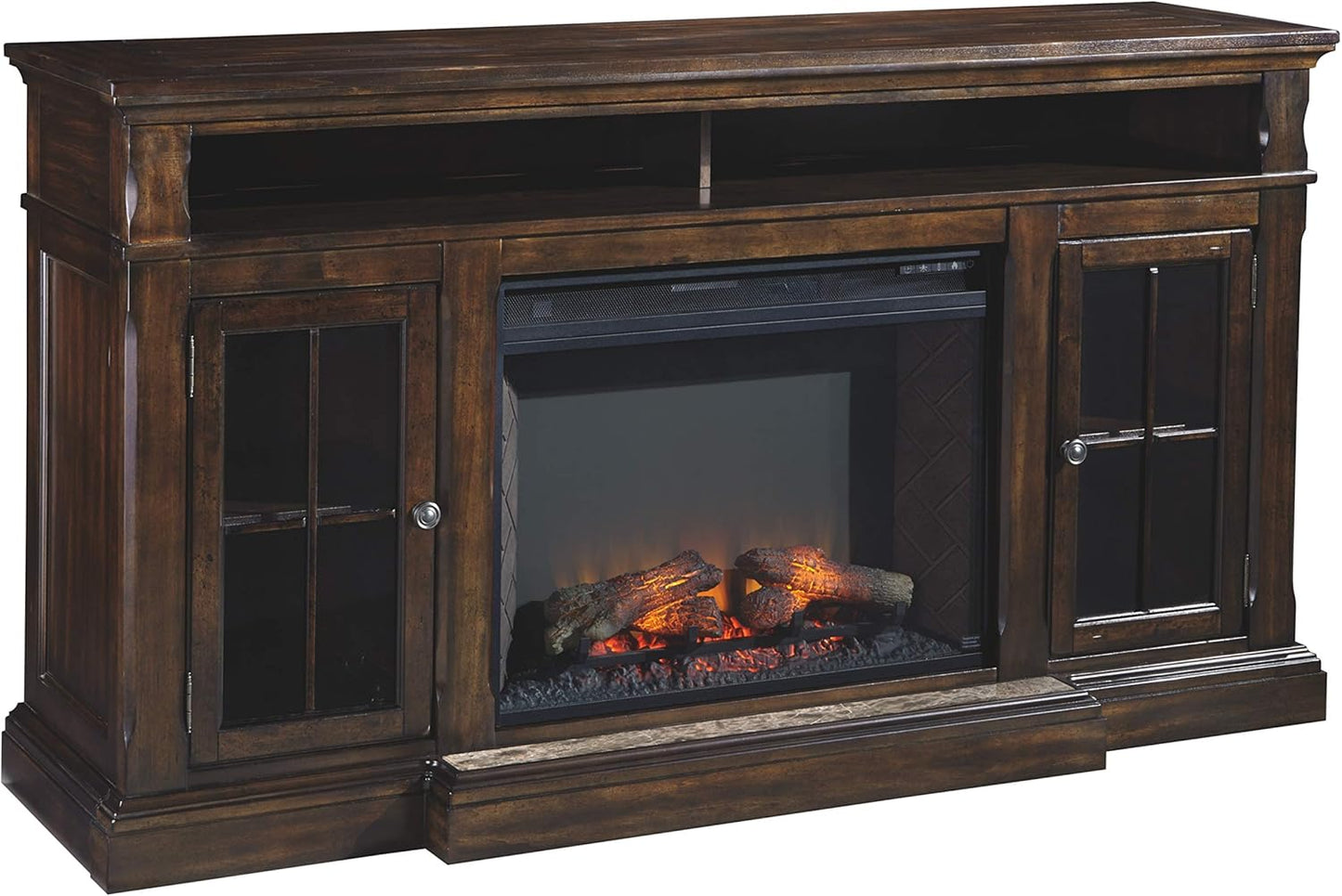 Signature Design by Ashley Roddinton Traditional TV Stand With Fireplace Option Fits TVs up to 70", 2 Cabinets and Storage Shelves, Dark Brown