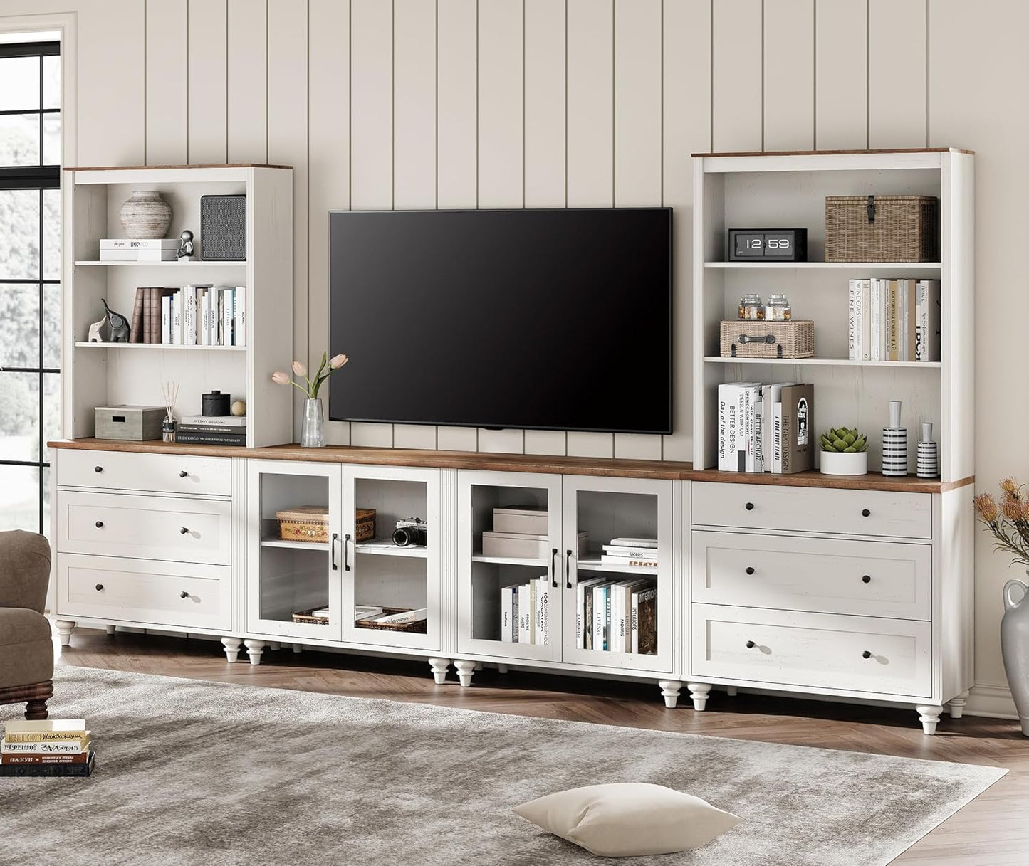 WAMPAT Entertainment Center with Bookshelves for TVs up to 75", Farmhouse Wall Unit TV Stand with Doors & Drawer, Media Console Table for Living Room, Bedroom & Home Theater, Wash Grey