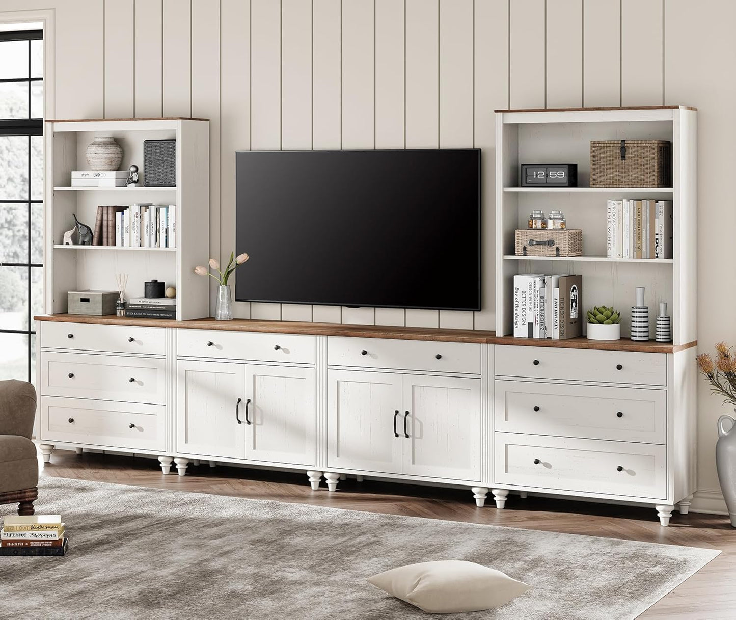 WAMPAT Entertainment Center with Bookshelves for TVs up to 75", Farmhouse Wall Unit TV Stand with Doors & Drawer, Media Console Table for Living Room, Bedroom & Home Theater, Wash Grey