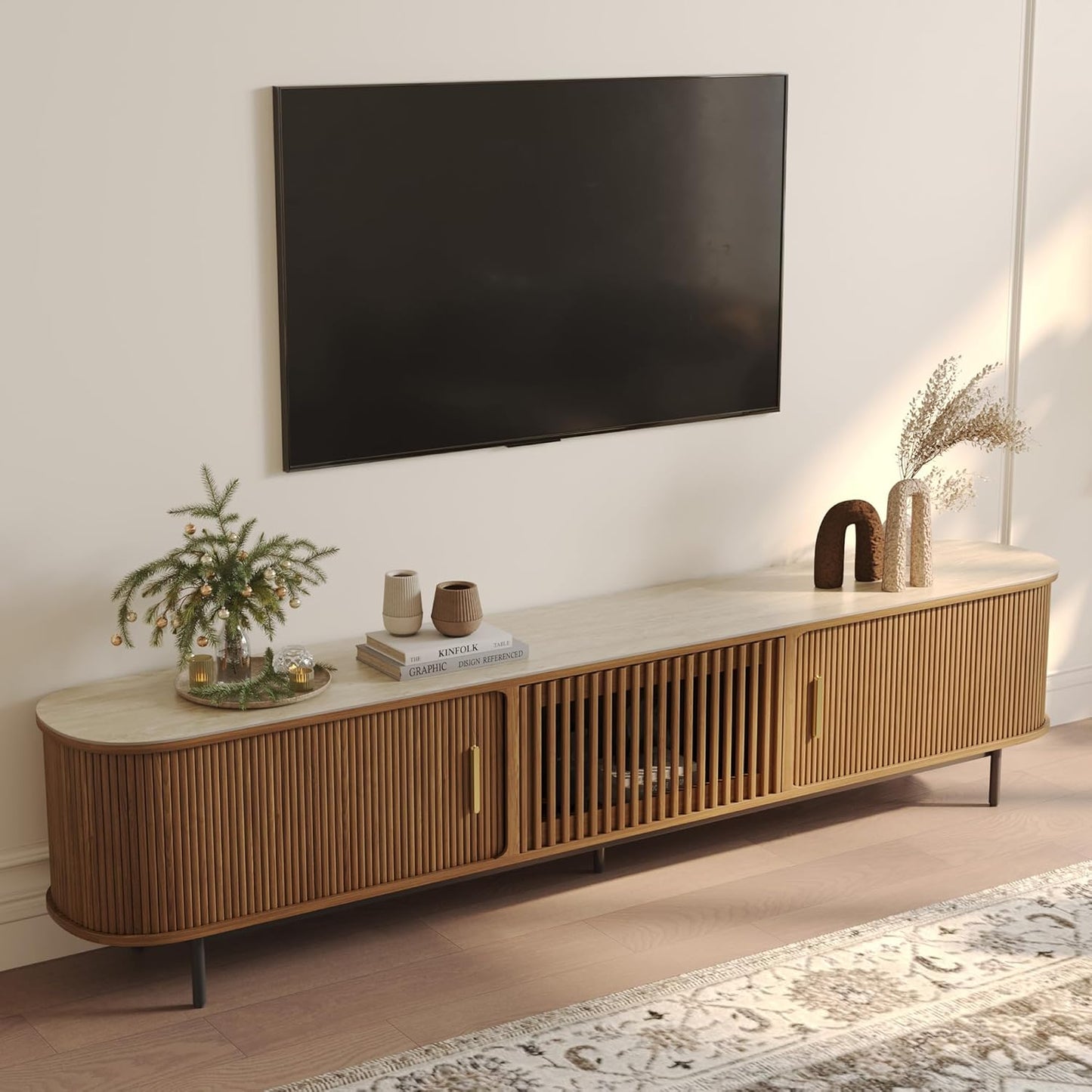 POVISON Fully-Assembled Mid Century Modern TV Stand for 65 inch TV, Sliding Door Entertainment Center with Storage, Wood TV Console, Media Console for Living Room Bedroom(Black, 70.87")