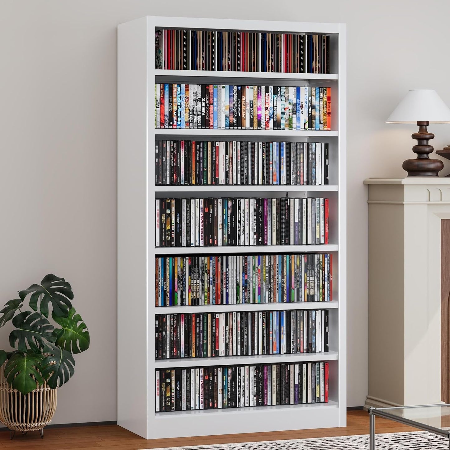 Metal DVD Storage Cabinets, 7-Tier CD Storage Rack with Adjustable Shelves, DVD Organizer Shelf, Media Shelves for CD Holder, Books, Games, Black Book Shelf for Living Room & Home Office (Black)