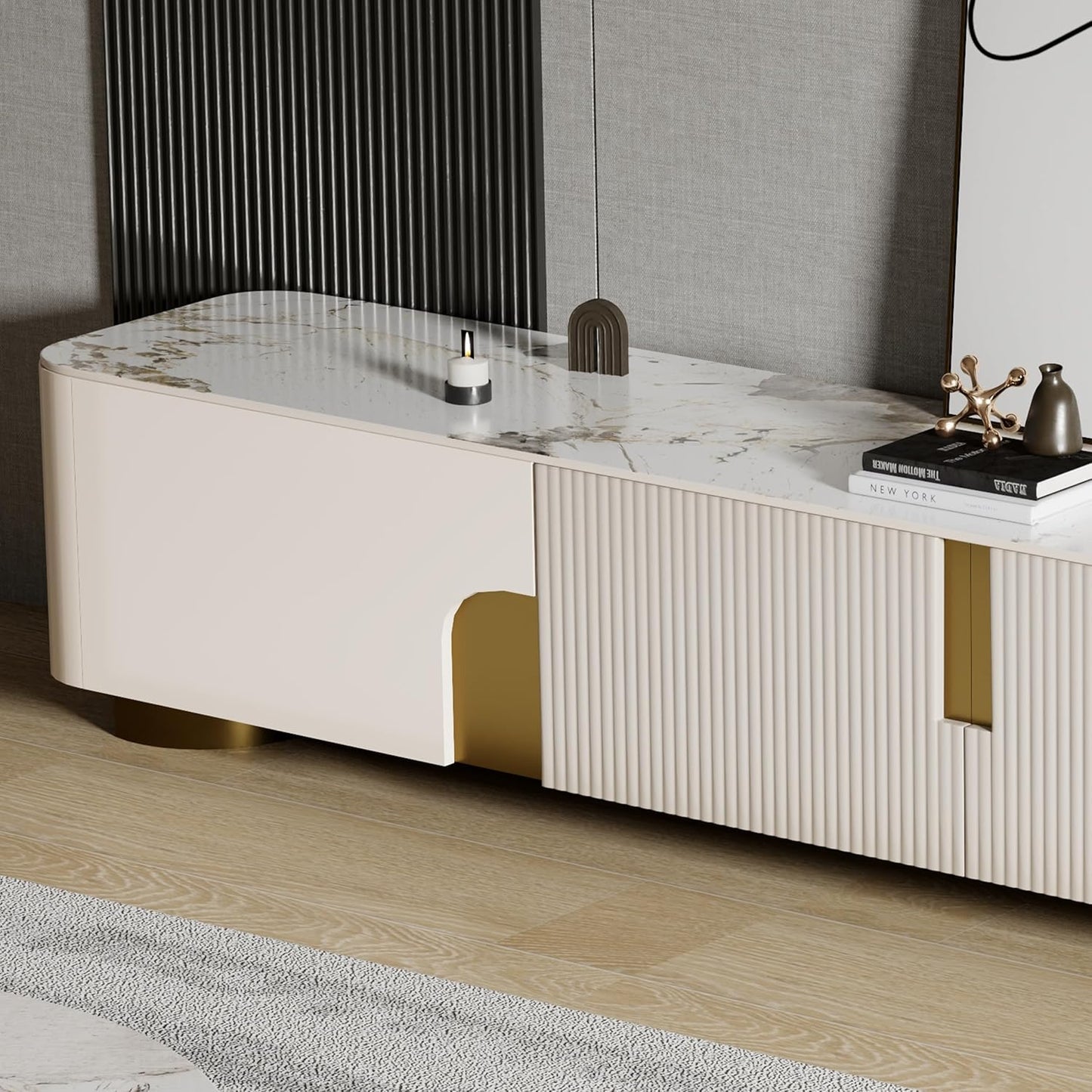 Modern TV Console with Storage, 79 Inch Sintered Stone TV Entertainment Center TV Stand for Living Room Bedroom, Wood Media Console for 65 Inch TVs with Metal Dual Bases