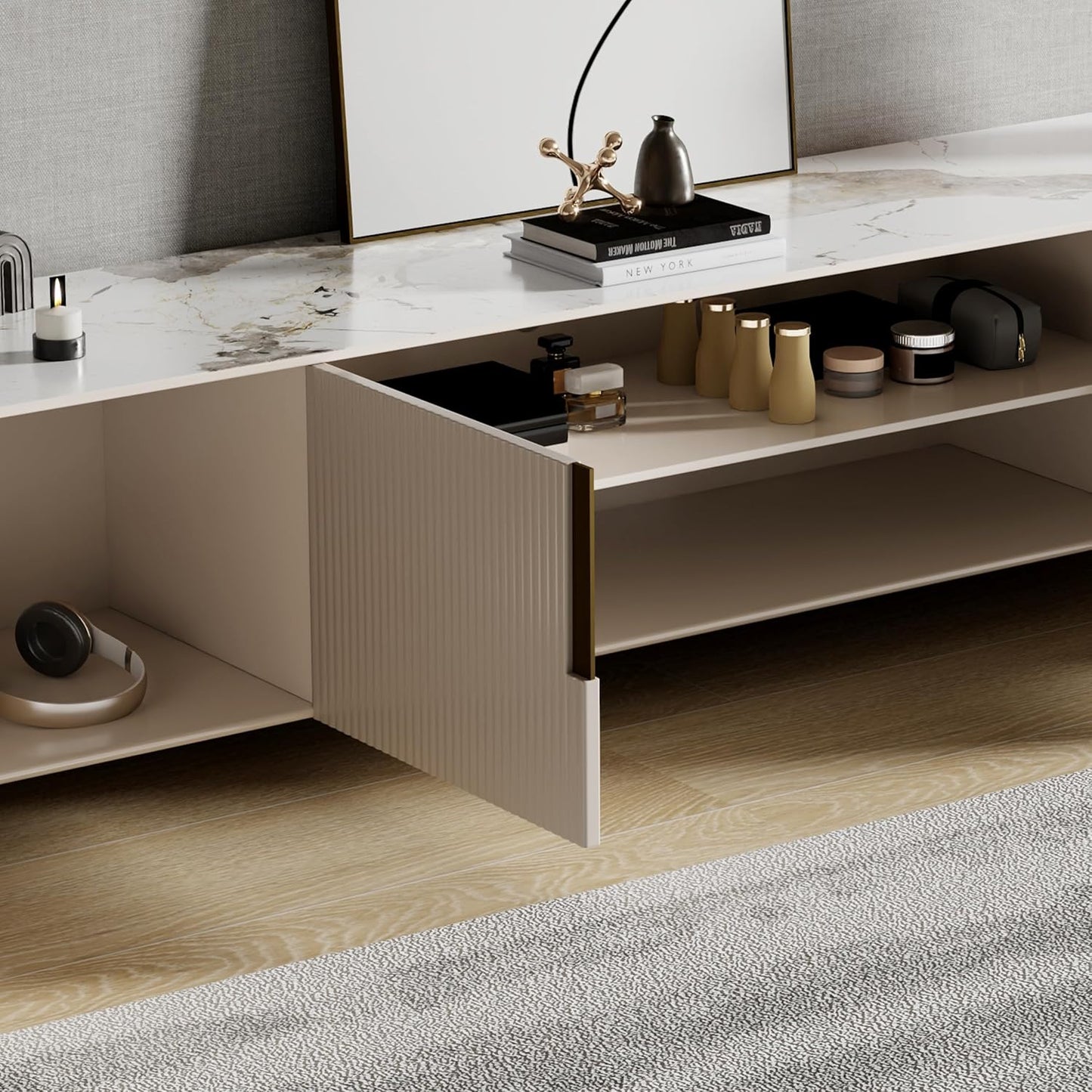 Modern TV Console with Storage, 79 Inch Sintered Stone TV Entertainment Center TV Stand for Living Room Bedroom, Wood Media Console for 65 Inch TVs with Metal Dual Bases