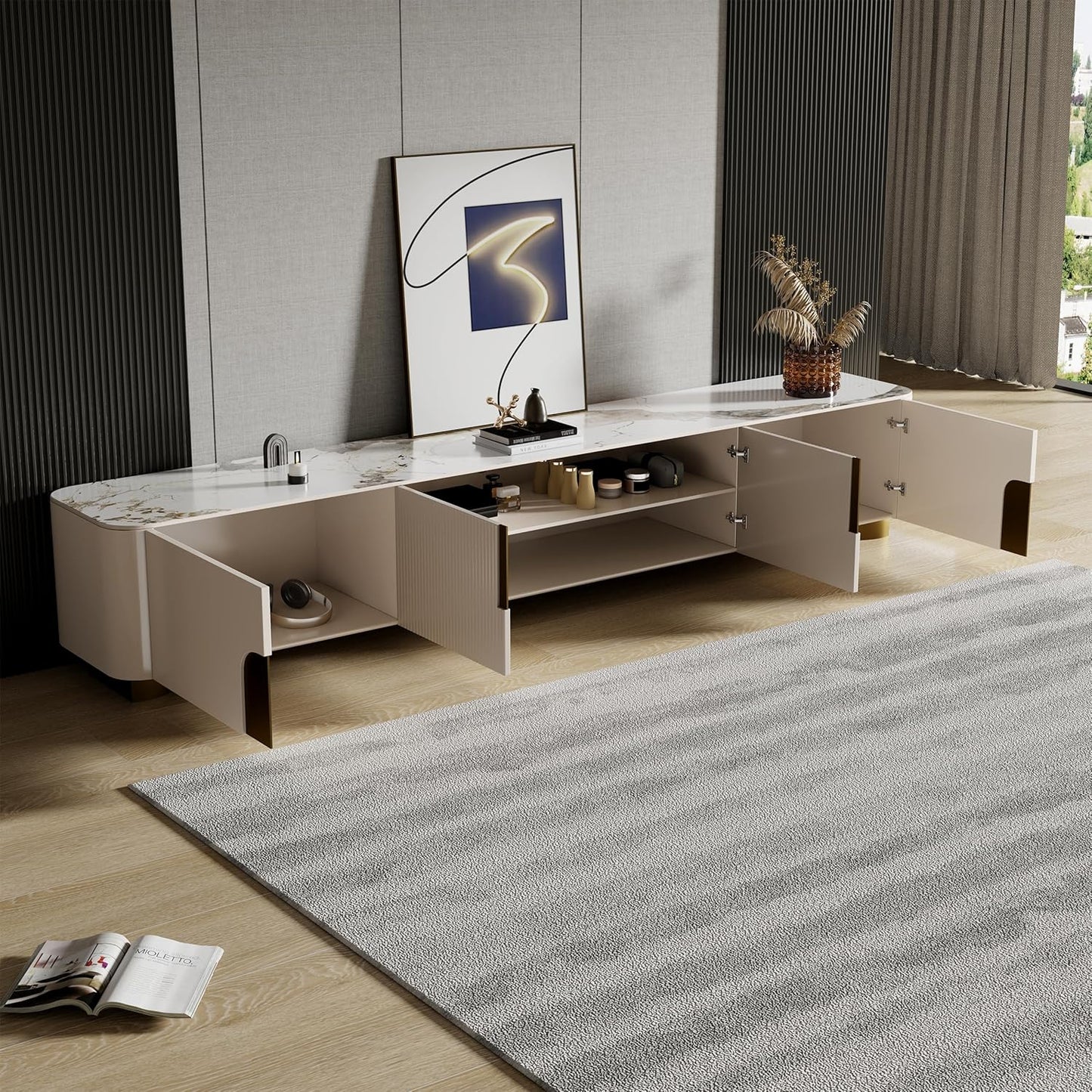 Modern TV Console with Storage, 79 Inch Sintered Stone TV Entertainment Center TV Stand for Living Room Bedroom, Wood Media Console for 65 Inch TVs with Metal Dual Bases