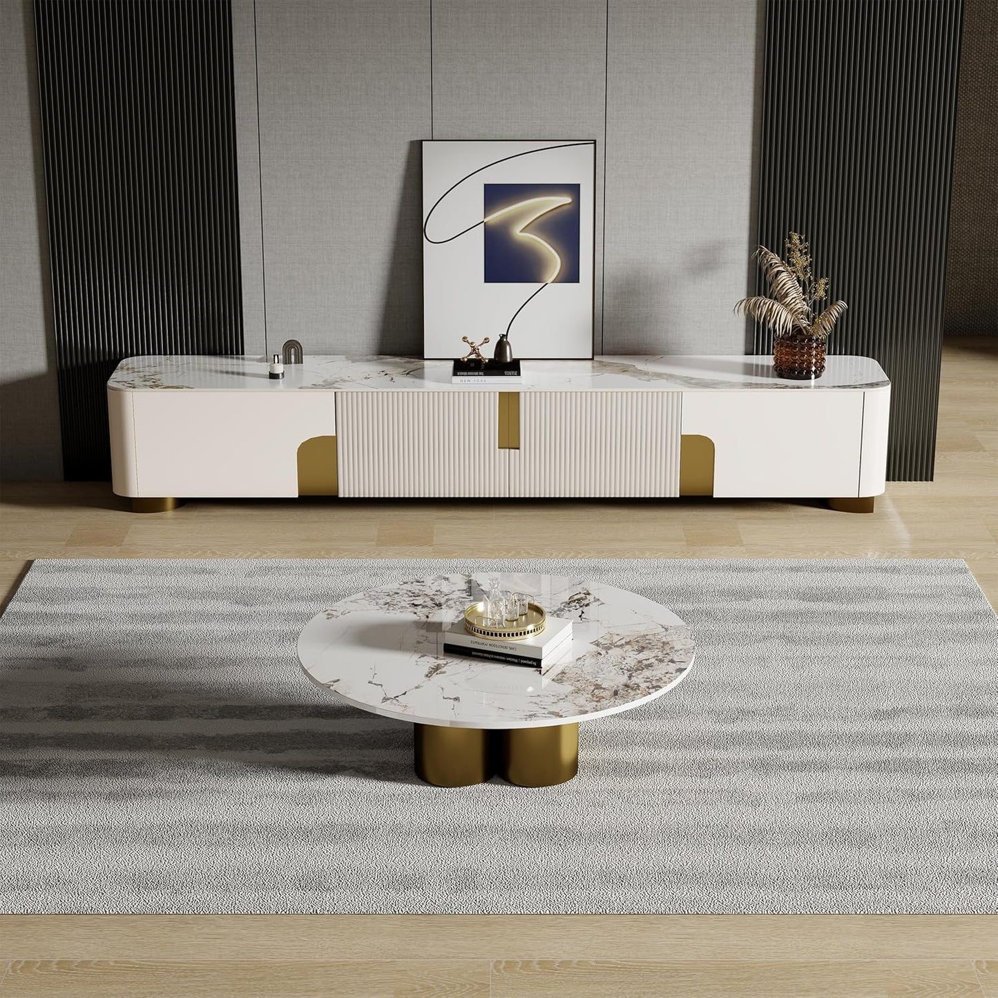 Modern TV Console with Storage, 79 Inch Sintered Stone TV Entertainment Center TV Stand for Living Room Bedroom, Wood Media Console for 65 Inch TVs with Metal Dual Bases